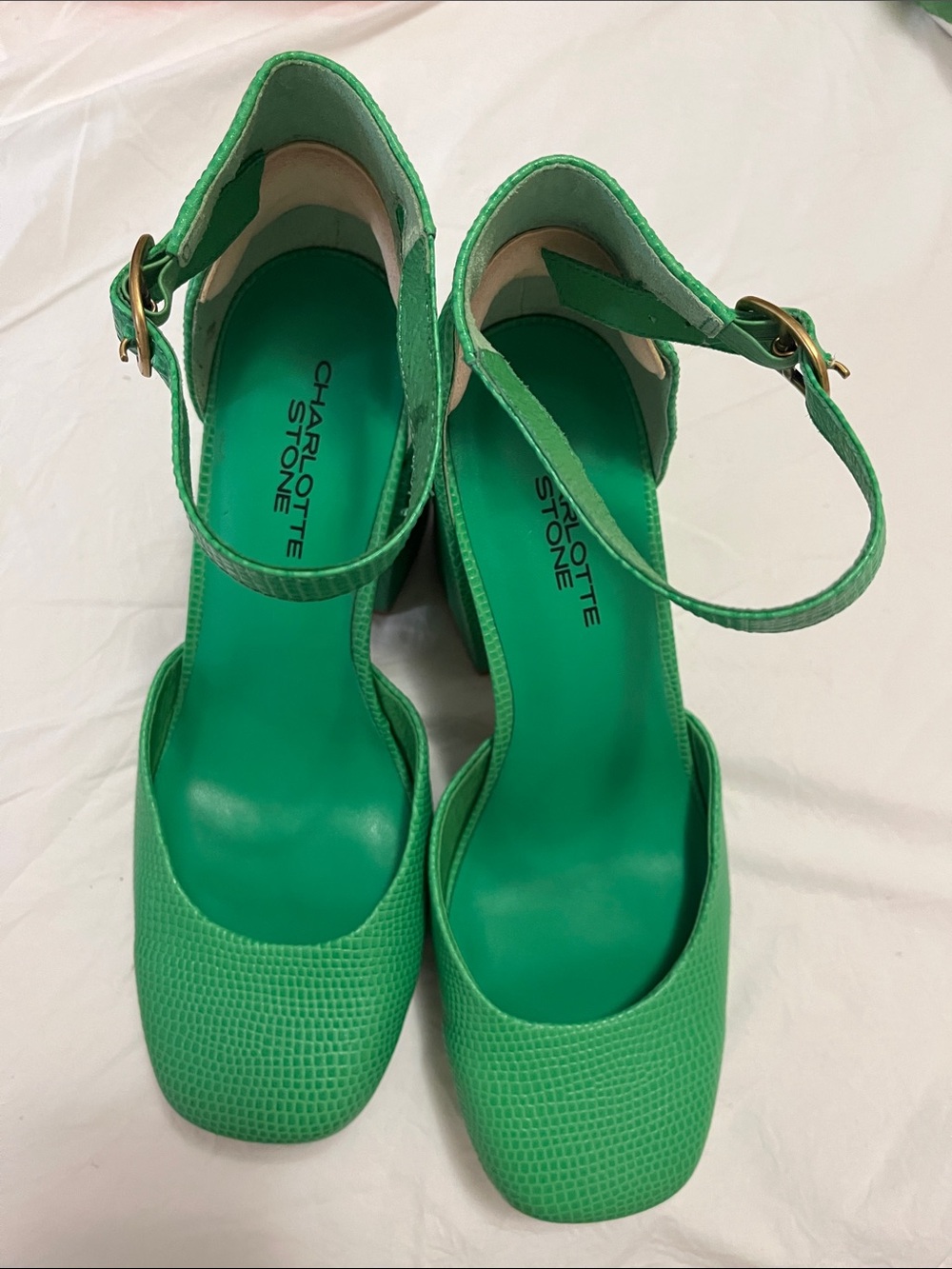 Charlotte Stone Fran Green Platform Block Heel Mary Jane with Ankle Strap. - Picture 2 of 5